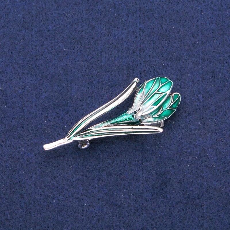Brooch Pendant Green Flower Enamel, Silvery Metal 25×50mm