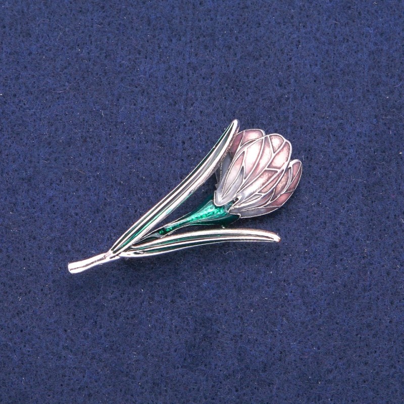 Brooch Pendant Flower Lavender and Green Enamel, Silver Metal 25x50mm