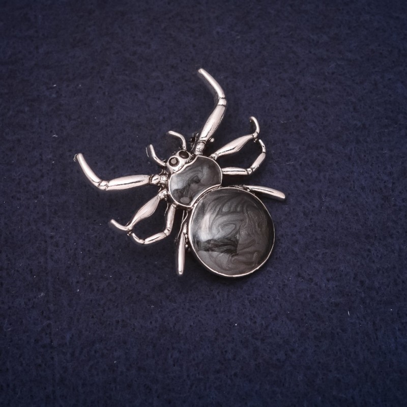 Brooch Spider 40x40mm rhinestones enamel color black metal silver