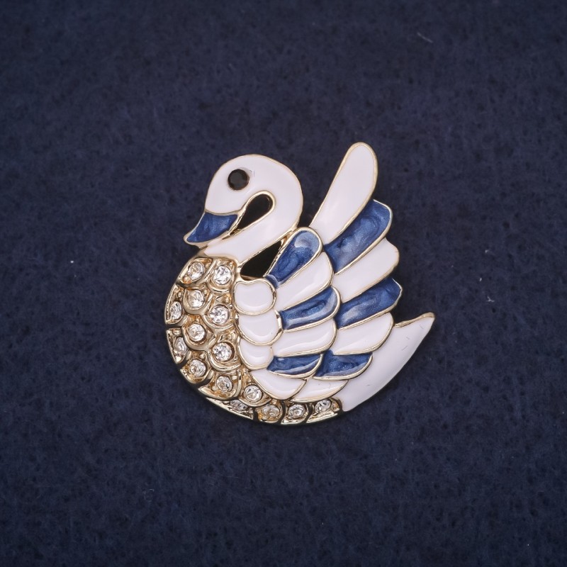 Brooch Swan white-blue enamel, golden metal 30x28mm