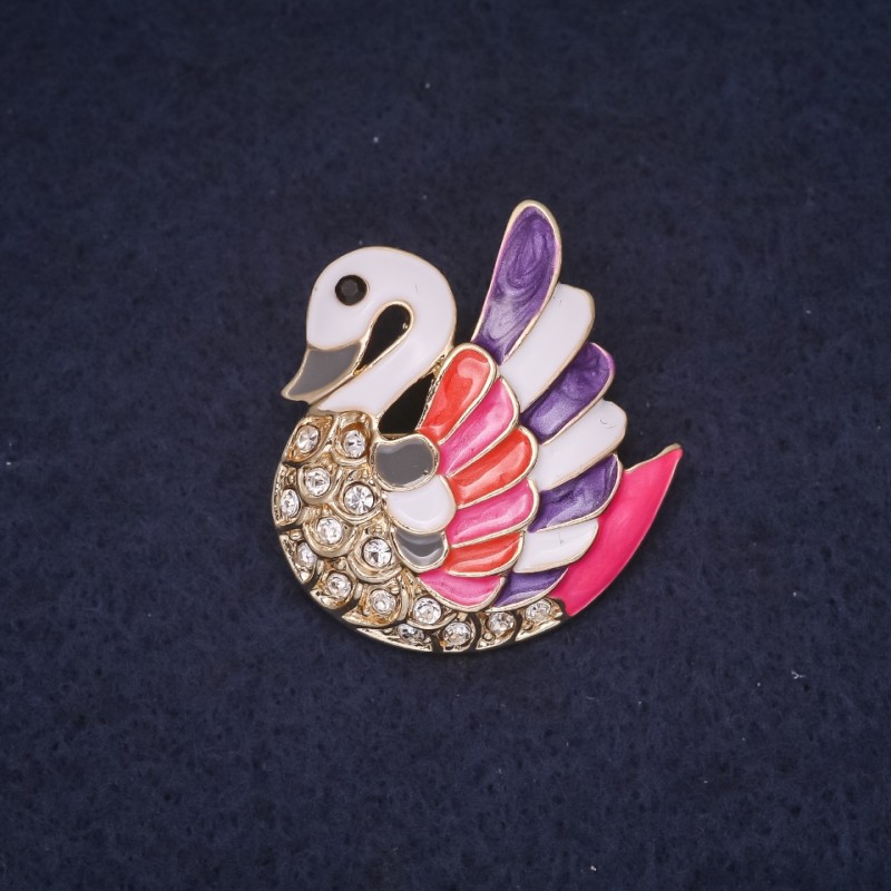 Brooch Swan in multicolor enamel, golden metal 30x28mm