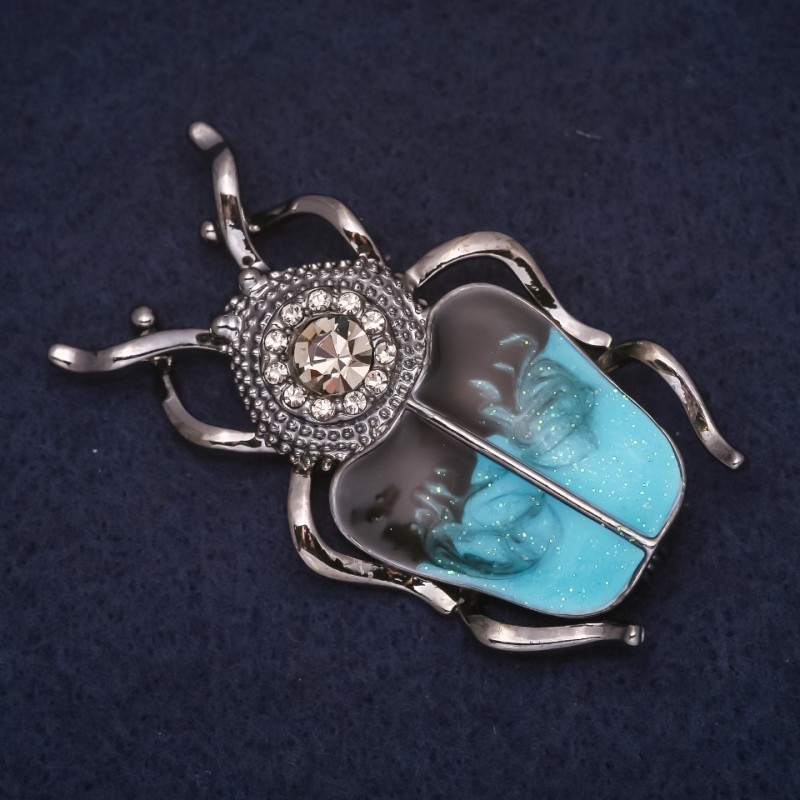 Brooch Beetle Scarab 50x30mm with crystals enamel color black blue satin metal silver