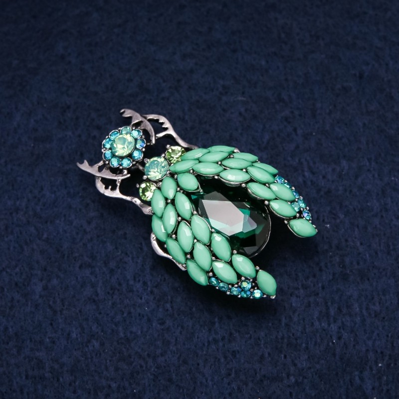 Brooch Beetle with Green Rhinestones 28x48mm