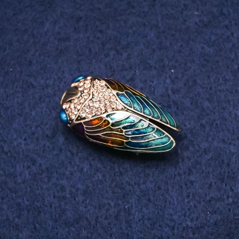 Brooch insect Cicada with enamel and rhinestones, golden metal 19x35mm