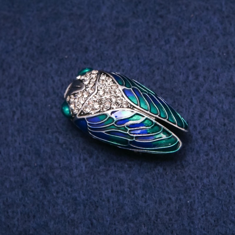 Brooch Insect Cicada with Enamel and Rhinestones, Silver Metal 19x35mm