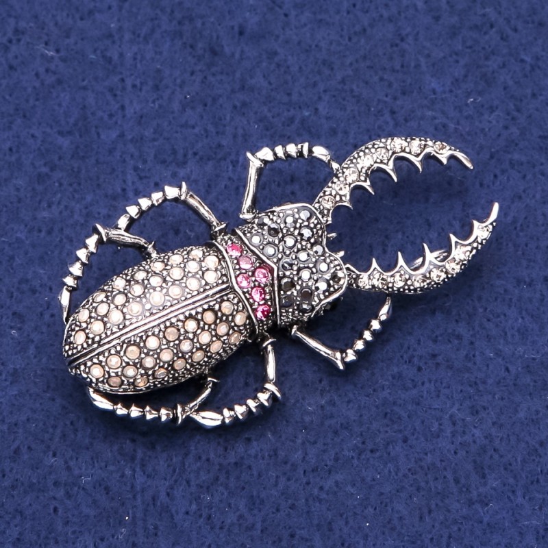 Brooch May Bug with Crystals Silver Metal 29x55mm