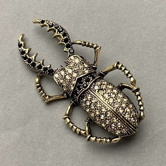 Spring Bug Brooch with Rhinestones Gold-Tone Metal 28x57mm