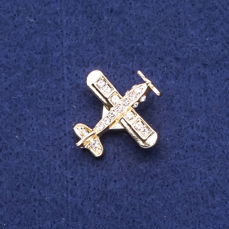 Brooch Aircraft with Rhinestones in Golden Metal 28x28mm