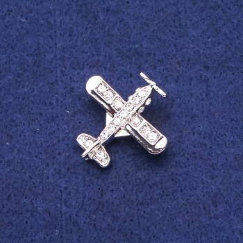 Brooch Aircraft with Rhinestones, Silver Metal 28×28 mm