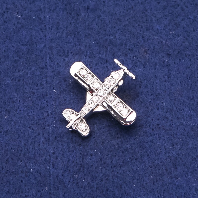 Brooch Aircraft with Rhinestones, Silver Metal 28×28 mm