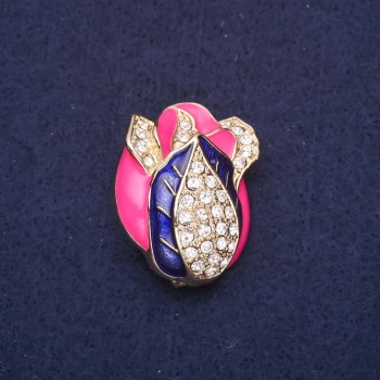 Brooch Button with enamel and rhinestones in raspberry, purple, white colors, 32x26mm, gold-toned metal