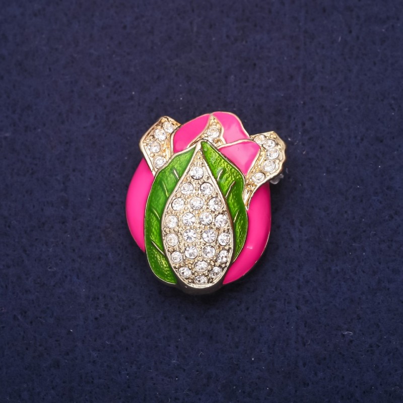 Brooch Button with enamel and rhinestones, color raspberry green white 32×26 mm, gold metal