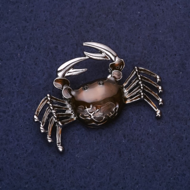 Brooch Crab Enamel Brown Color 46x30mm Silver Metal