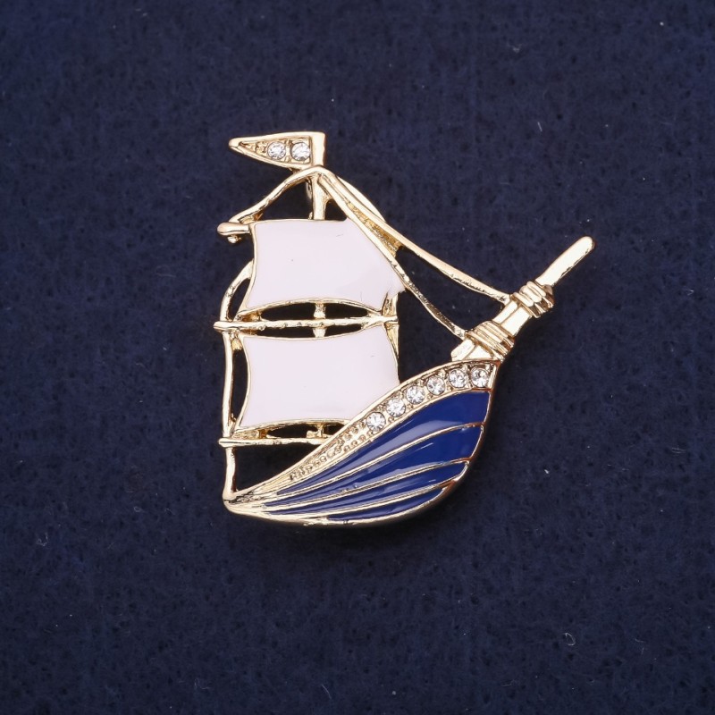 Brooch Ship Golden Metal with Enamel and Rhinestones 37x40mm +