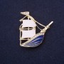 Brooch Ship Golden Metal with Enamel and Rhinestones 37x40mm +