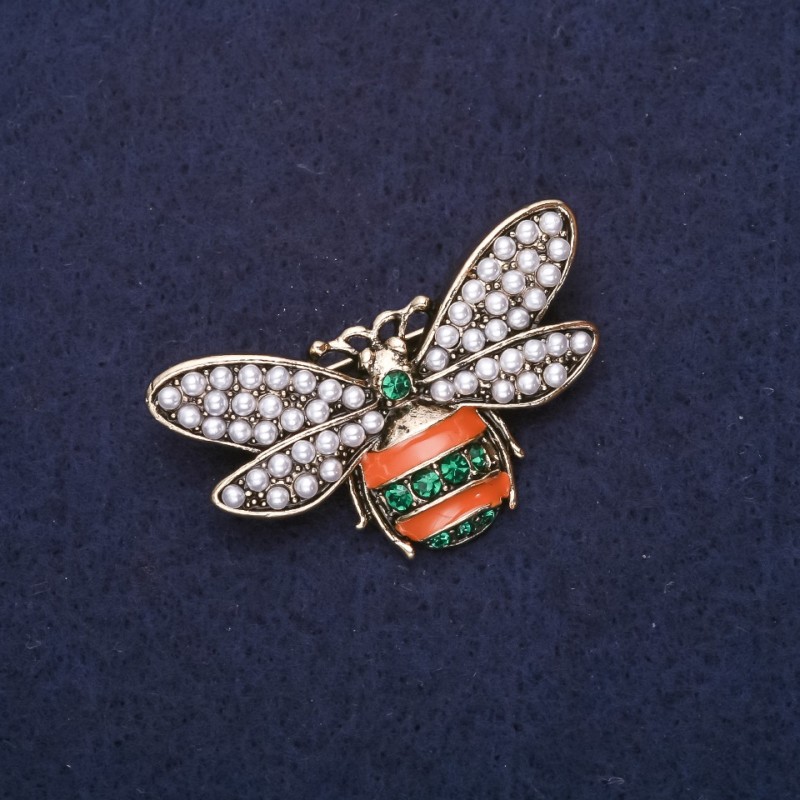Brooch Bee in Pearl Beads, Rhinestones, Enamel, Brown, Green, White, 40x24mm, Gold-Tone Metal