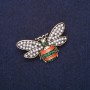 Brooch Bee in Pearl Beads, Rhinestones, Enamel, Brown, Green, White, 40x24mm, Gold-Tone Metal