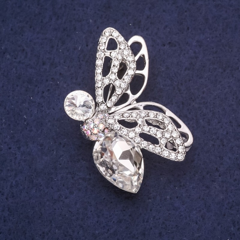 Brooch Butterfly with Rhinestones Stone Color White 45x29mm Silver Metal