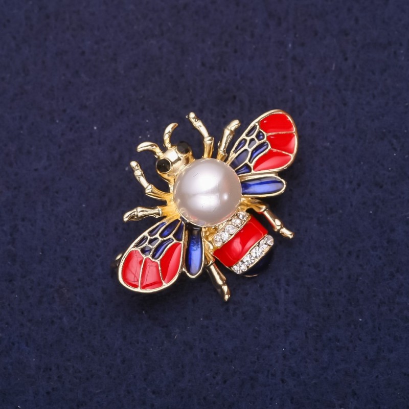 Brooch Bee with Pearl Beadwork, Rhinestones, Enamel, color red blue white, 35x25mm, golden metal