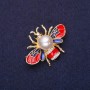Brooch Bee with Pearl Beadwork, Rhinestones, Enamel, color red blue white, 35x25mm, golden metal