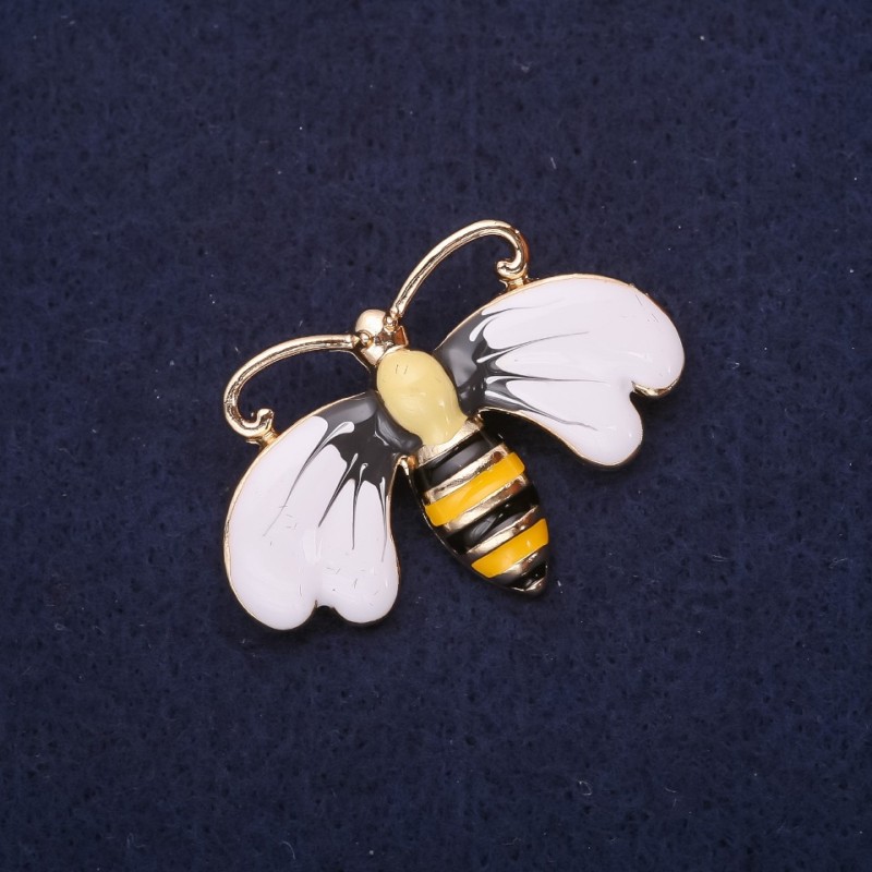 Brooch Bee-Moth enamel white yellow gray black 41x30mm golden metal