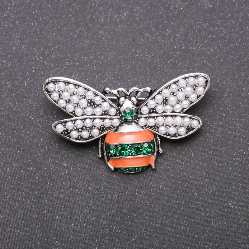 Brooch Bee Green and Orange Enamel Gray Metal 40x25mm