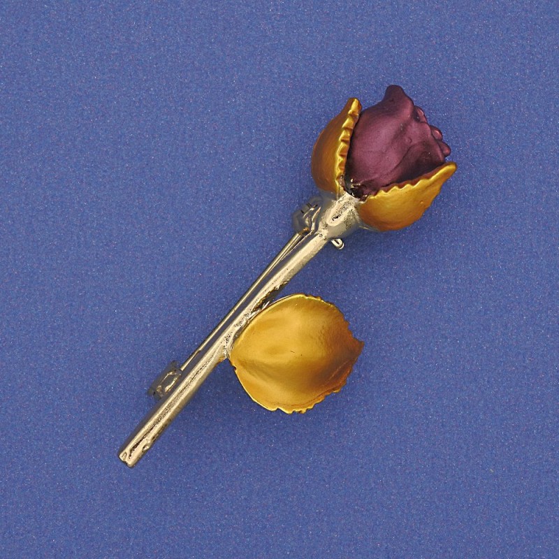 Brooch Flower Rose burgundy and yellow enamel on gold-tone metal 42x16mm