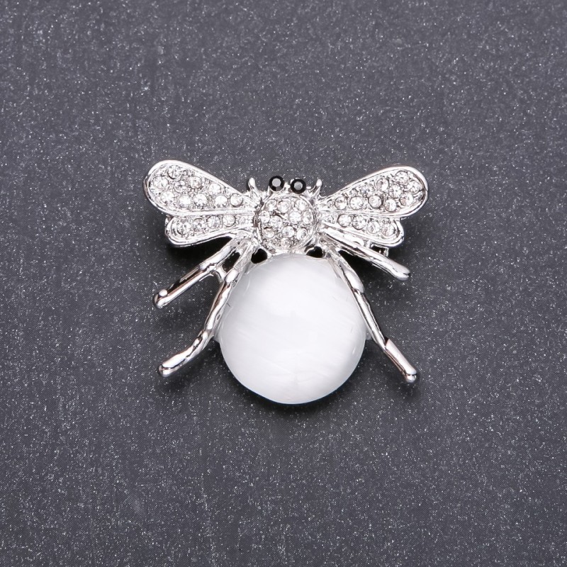 Brooch Butterfly with natural stone White Cat's Eye 35×30mm White metal