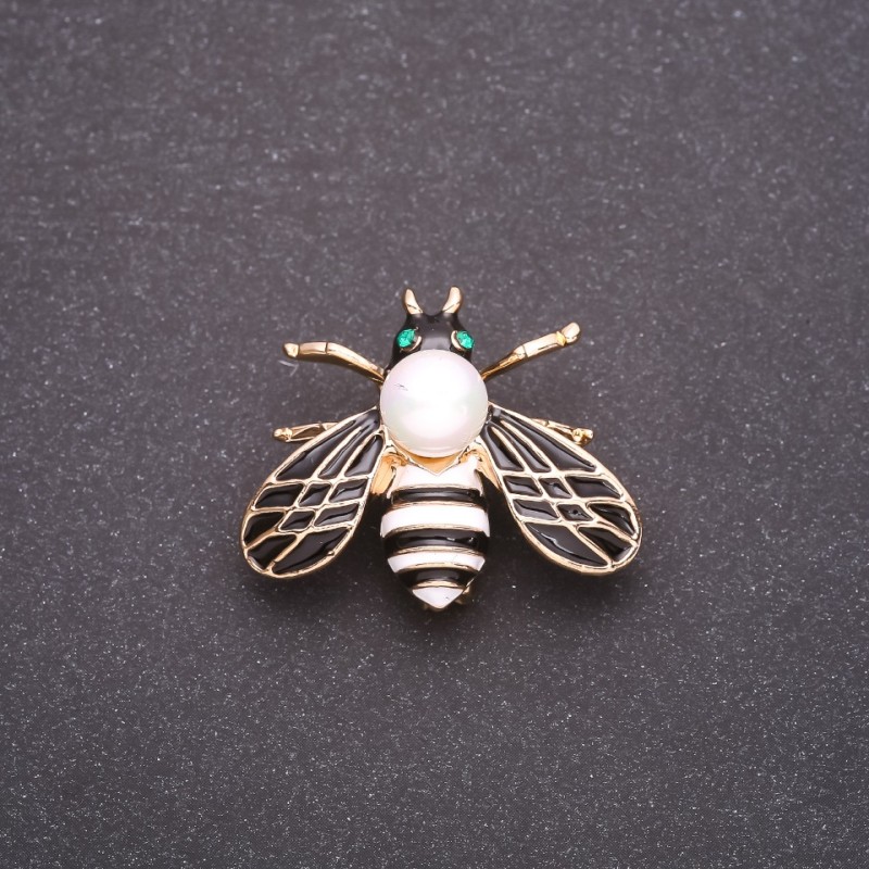 Brooch Butterfly white and black enamel 33x28mm yellow metal