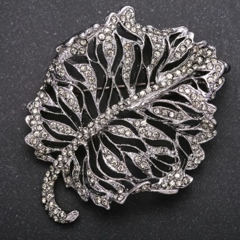 Brooch Leaf in dark rhinestones, metal color "dark silver" 58x72mm