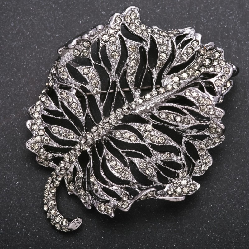 Brooch Leaf in dark rhinestones, metal color "dark silver" 58x72mm
