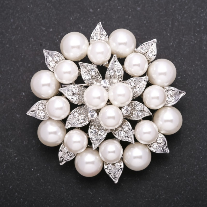 Brooch Pearl Flower color "white silver" 55mm