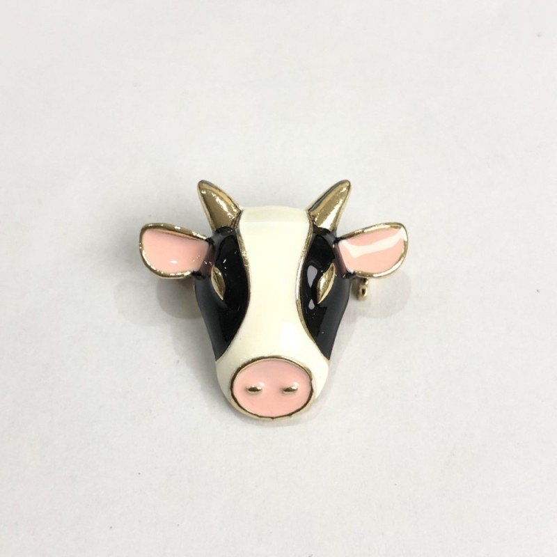 Brooch Head of the Bull with Enamel, Gold-Tone Metal 25x28mm