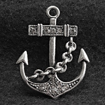 Brooch Anchor Silver-Toned Metal and Rhinestones 40x30mm +