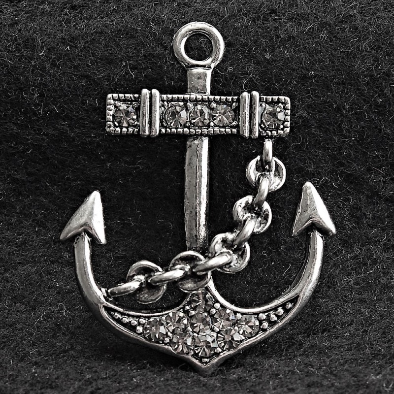 Brooch Anchor Silver-Toned Metal and Rhinestones 40x30mm +