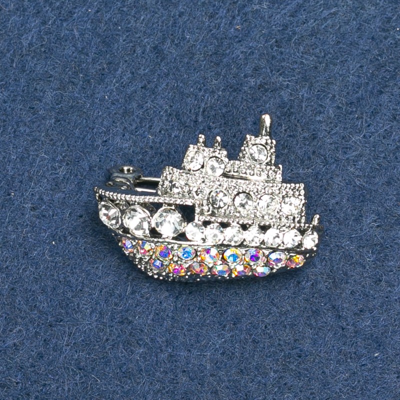Brooch Ship design in silver-toned metal with rhinestones 20x28mm +
