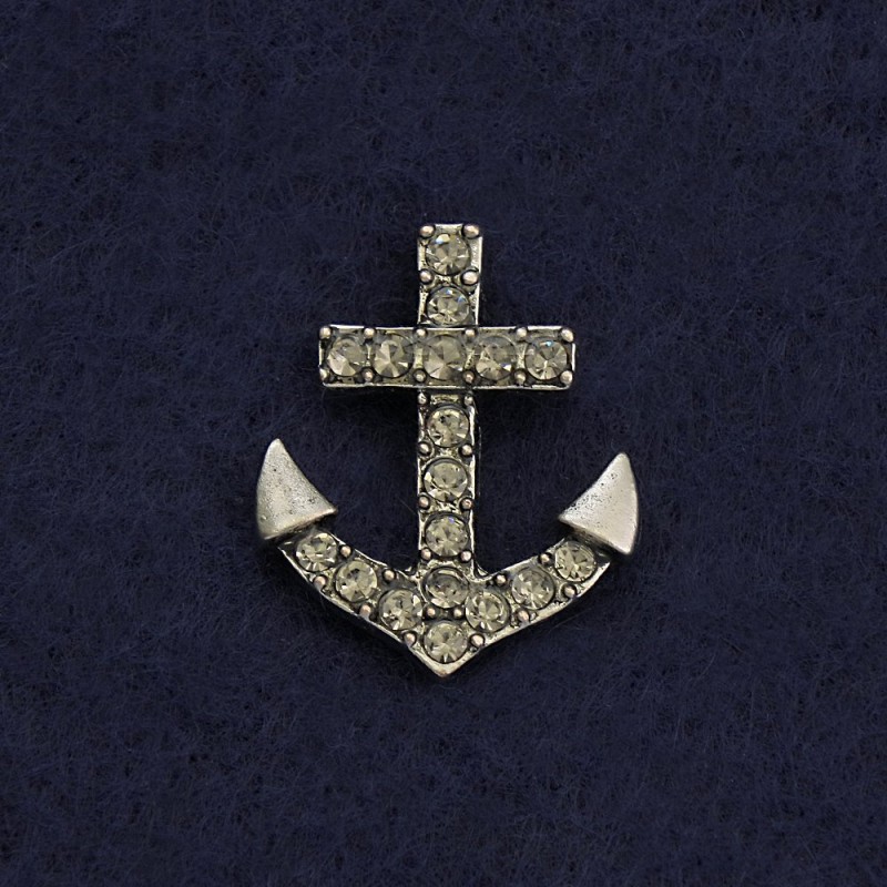 Lapel Pin on a Swivel 'Anchor' 2cm gray metal with rhinestones