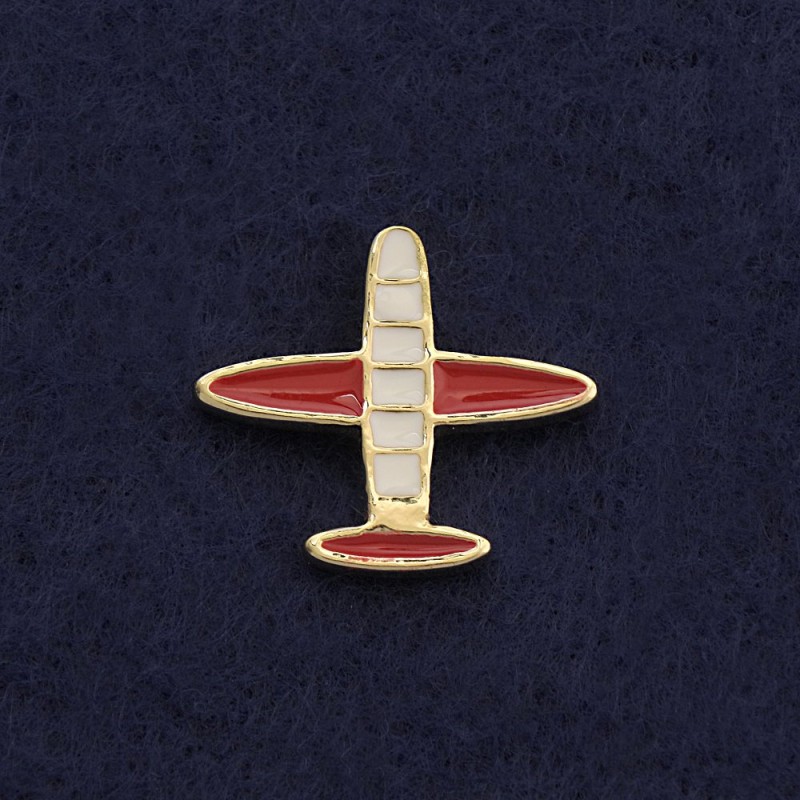 Lapel Pin on a Curl Closure "Plane" 2cm White-Red Enamel Yellow Metal