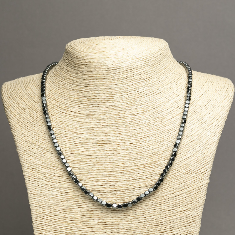 Hematite natural stone necklace smooth cube, diameter 4×4 mm +/-, length 45 cm +/-(without knot)