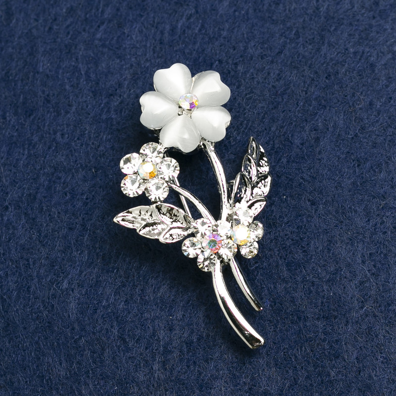 Brooch Forget-me-not with Cat's Eye Stone and Crystals, Silver-Colored Metal 27×44mm