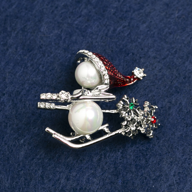 Brooch Christmas Silver-Tone Metal, Mallorca pearl-like beads, rhinestones and enamel 28x38mm +
