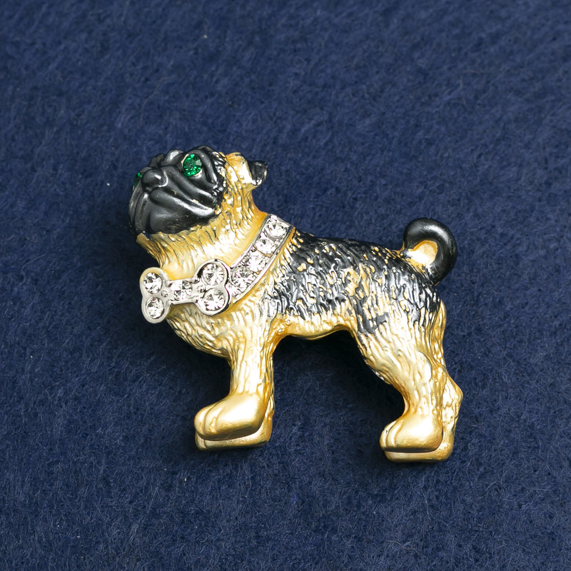 Brooch Dog Bulldog Silver-tone with enamel and rhinestones 35x42mm +