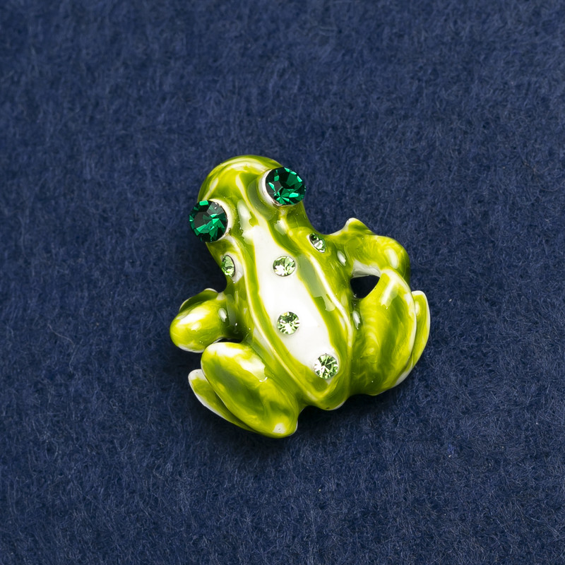 Brooch Frog with golden metal, rhinestones and enamel 28x30mm +