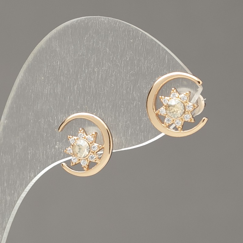 Earrings Studs Xuping Gold Plated 18K with White Rhinestones and Champagne Crystals, 10mm Diameter +