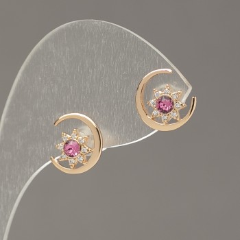Earrings, Push-Back Studs Xuping 18K Gold Plating with White Rhinestones and Pink Crystals, 10mm Diameter +