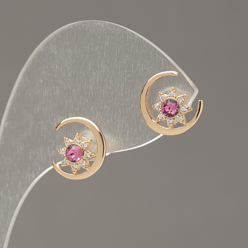 Earrings, Push-Back Studs Xuping 18K Gold Plating with White Rhinestones and Pink Crystals, 10mm Diameter +