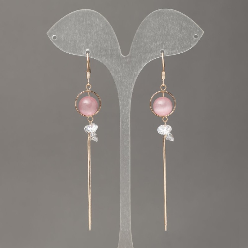 Earrings Xuping 18K Gold Plating with Pink Cat Eye and White Crystals, 13mm diameter +-, length 100mm +-