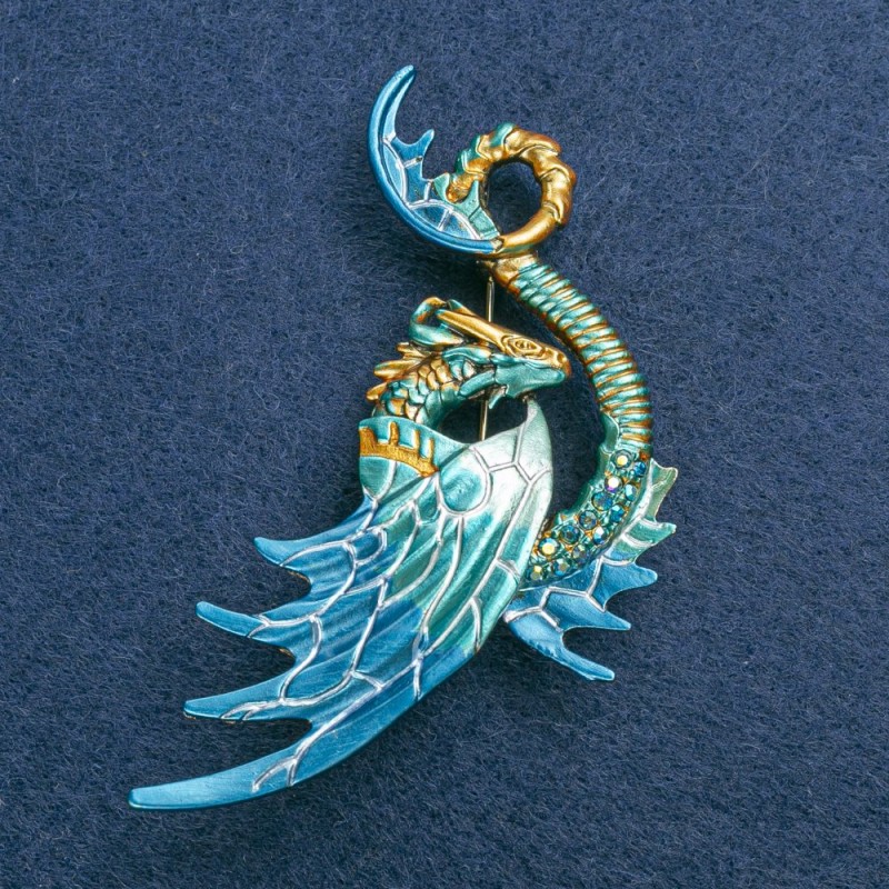 Dragon Brooch with Golden Metal, Enamel, and Blue Petrol Rhinestones 88x50mm +