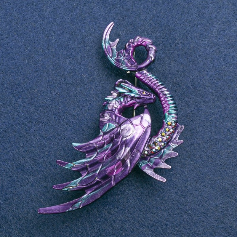 Dragon Brooch in silver metal with enamel and gasoline-colored rhinestones 88×50mm +