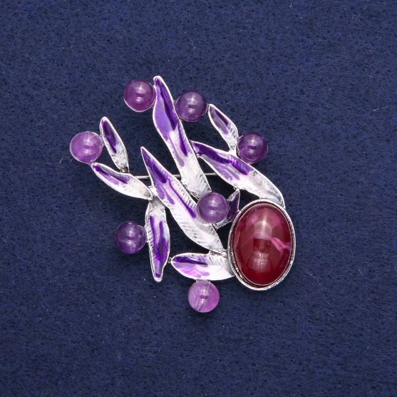 Brooch Leaves with Amethyst, purple enamel, silver metal 38x53mm
